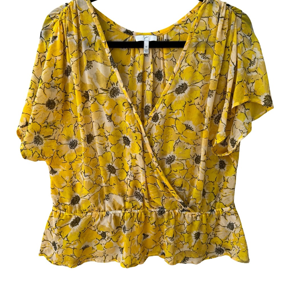 Joie 100% Silk Boho Cottagecore Airy Yellow Feminine Floral Wrap Peplum Blouse M